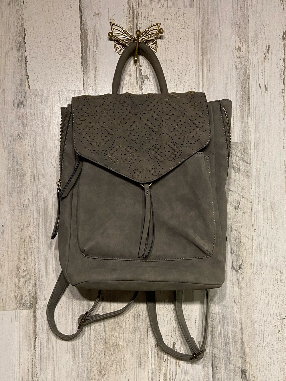 True Craft Charcoal Grey Willow Side Zip Backpack Whipstitch Flap